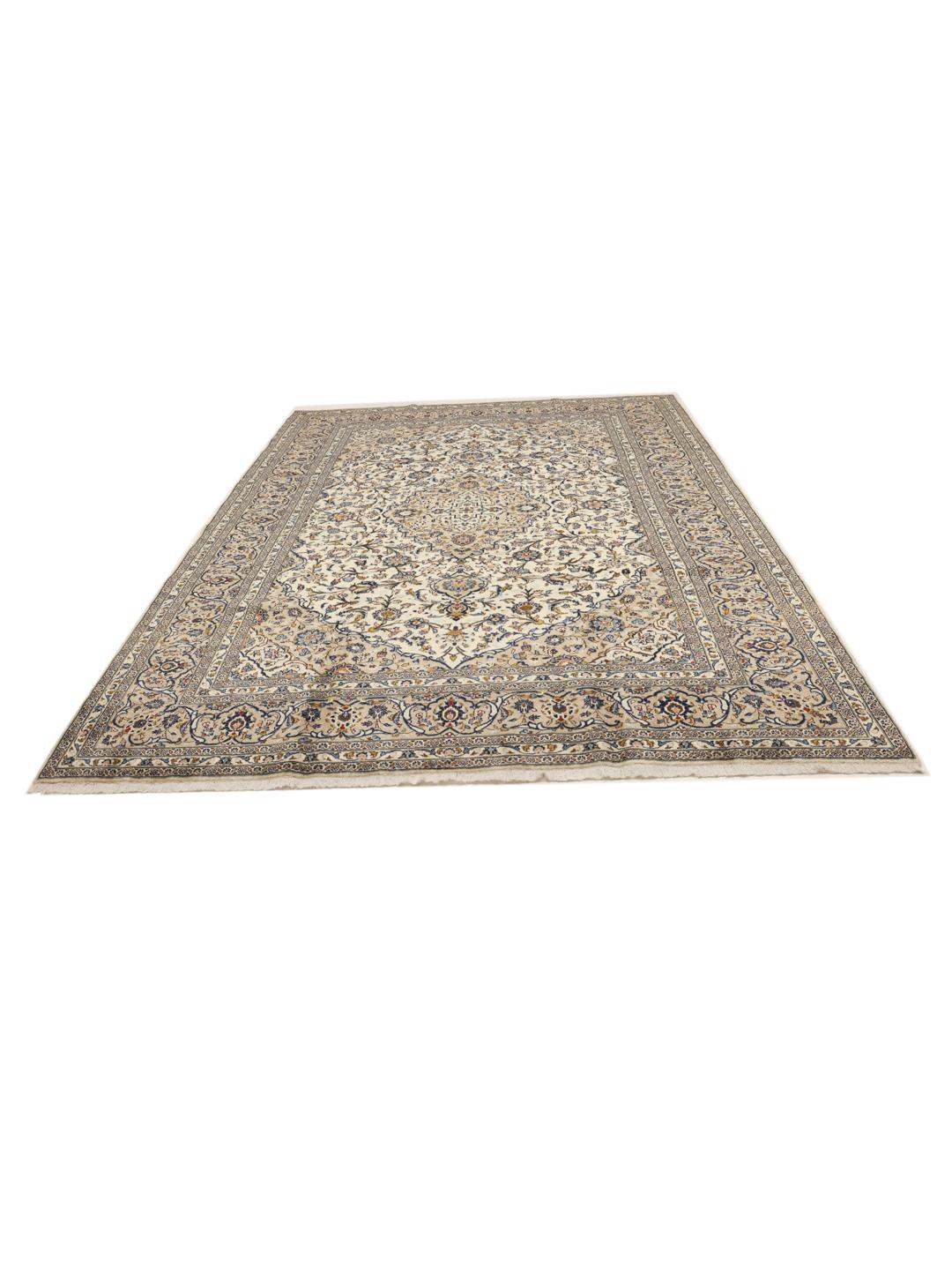 A hand-knotted Keshan rug from the Middle East with a beige background and floral patterns.