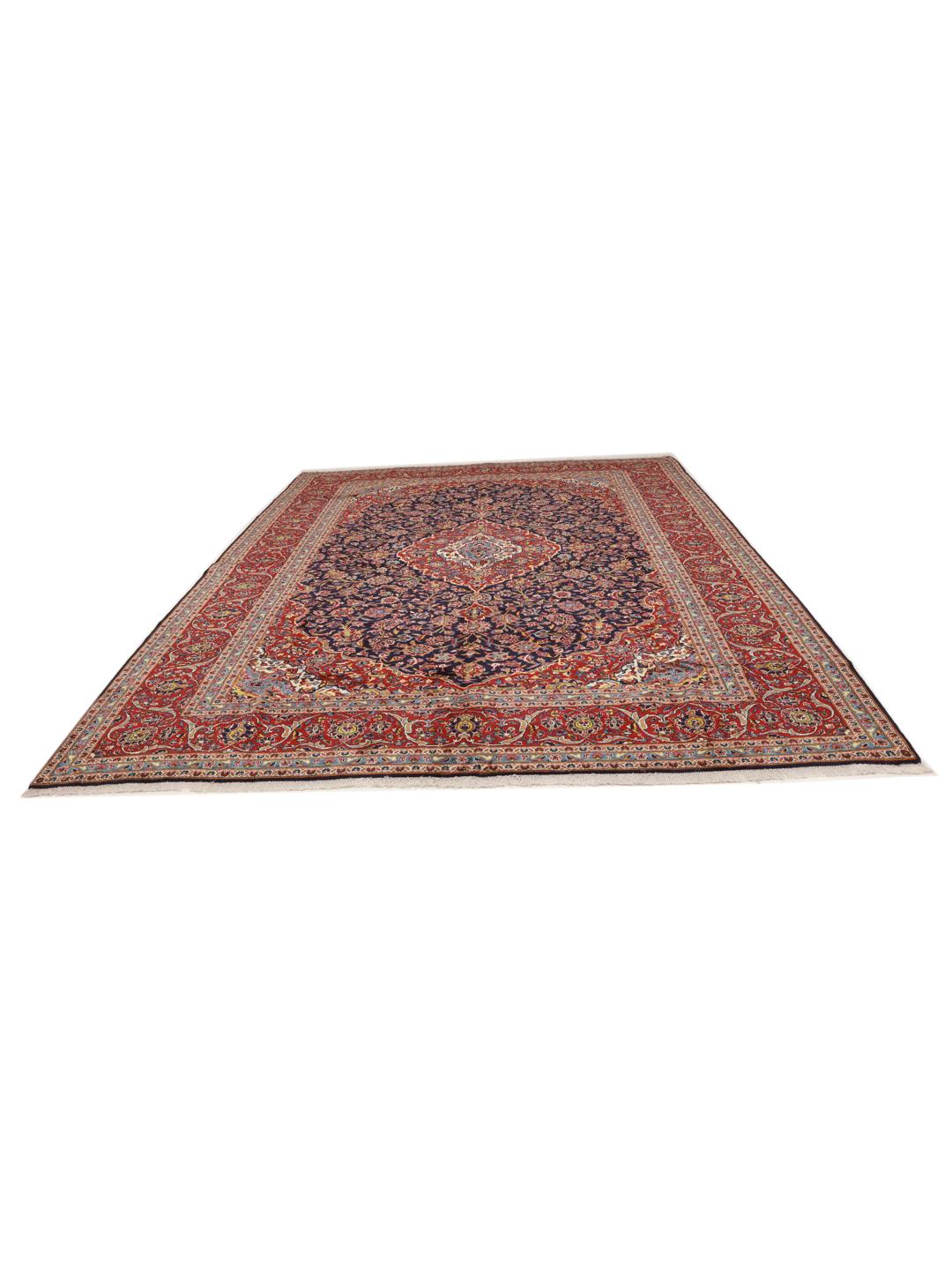 Hand-knotted Keshan rug from the Middle East in dark red and dark blue tones