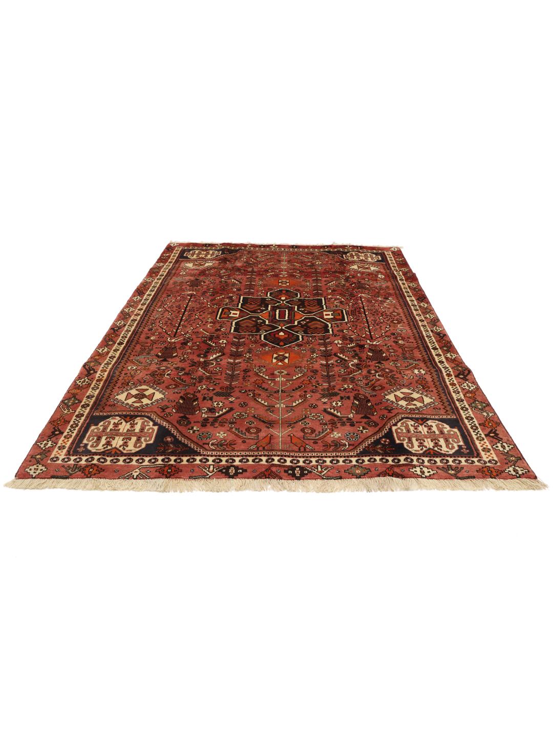 Hand-knotted Shiraz rug from the Middle East in vibrant red and earthy tones