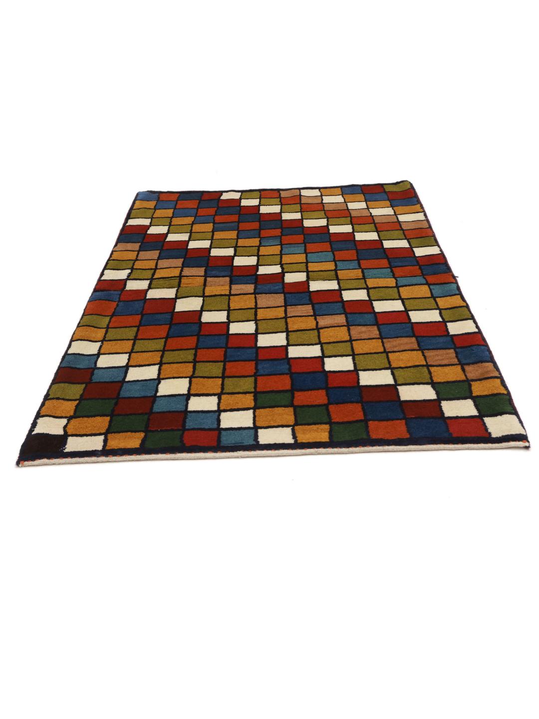 Hand-knotted Gabbeh rug from the Middle East featuring a vibrant multicolor grid pattern