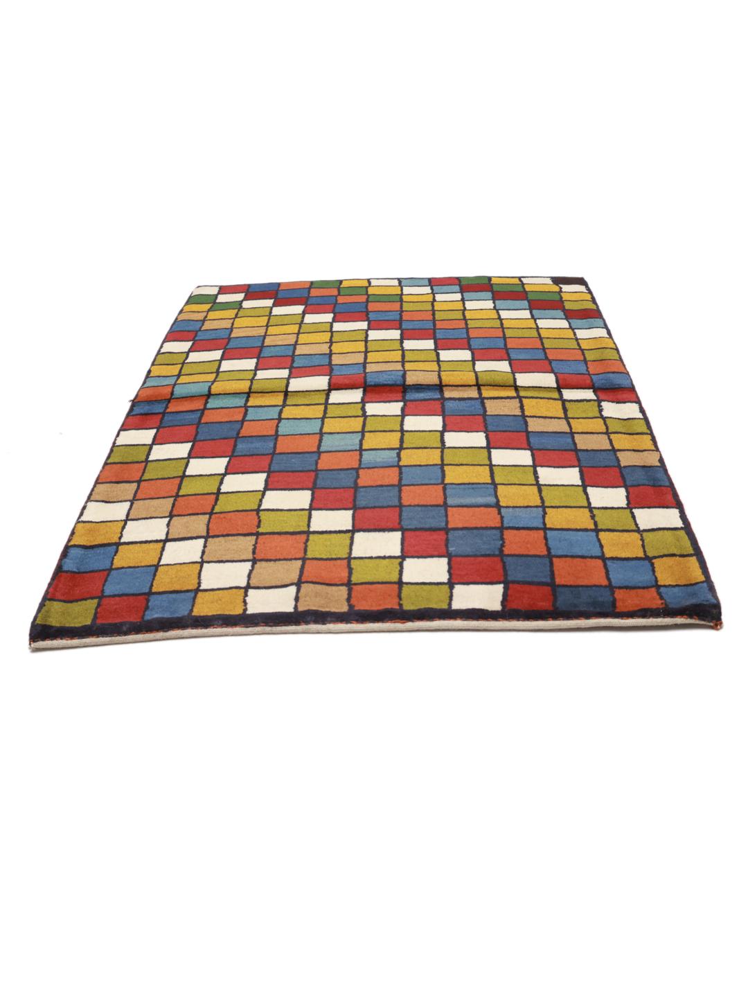 Hand-knotted Gabbeh rug from the Middle East featuring a vibrant multicolor grid pattern