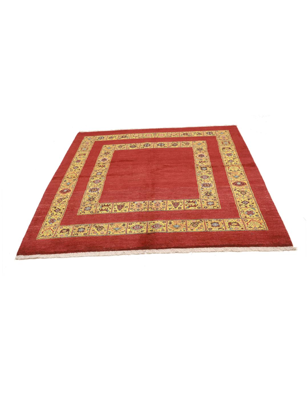 Handgeknoopt rood tapijt met levendige decoratieve randen uit het Midden-Oosten