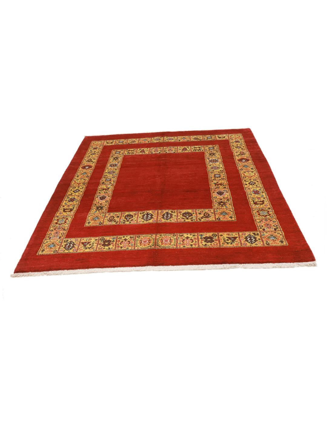 Handgeknoopt rood tapijt met levendige decoratieve randen uit het Midden-Oosten