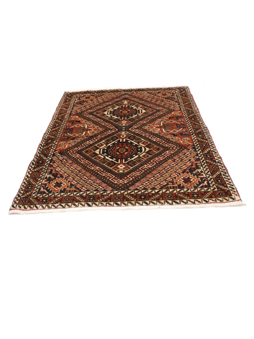 Handgeknoopt Afshar Shahre Babak tapijt uit het Midden-Oosten met een rood en donkerblauw geometrisch patroon.