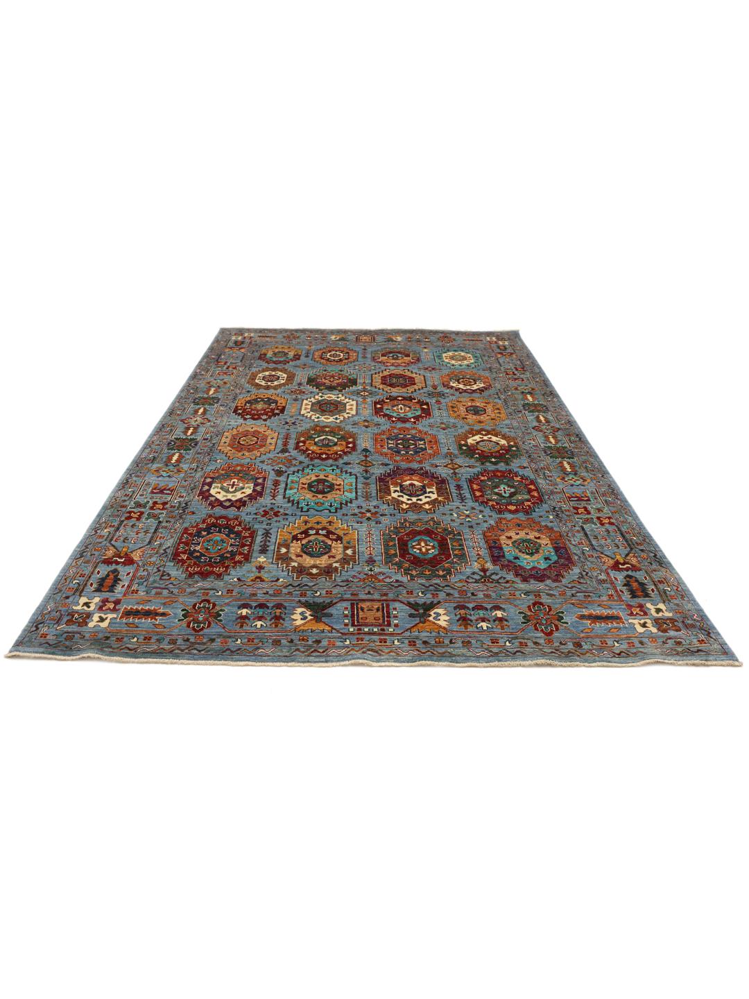 Een handgeknoopt blauw Afghaans tapijt met ingewikkelde kleurrijke medaillons