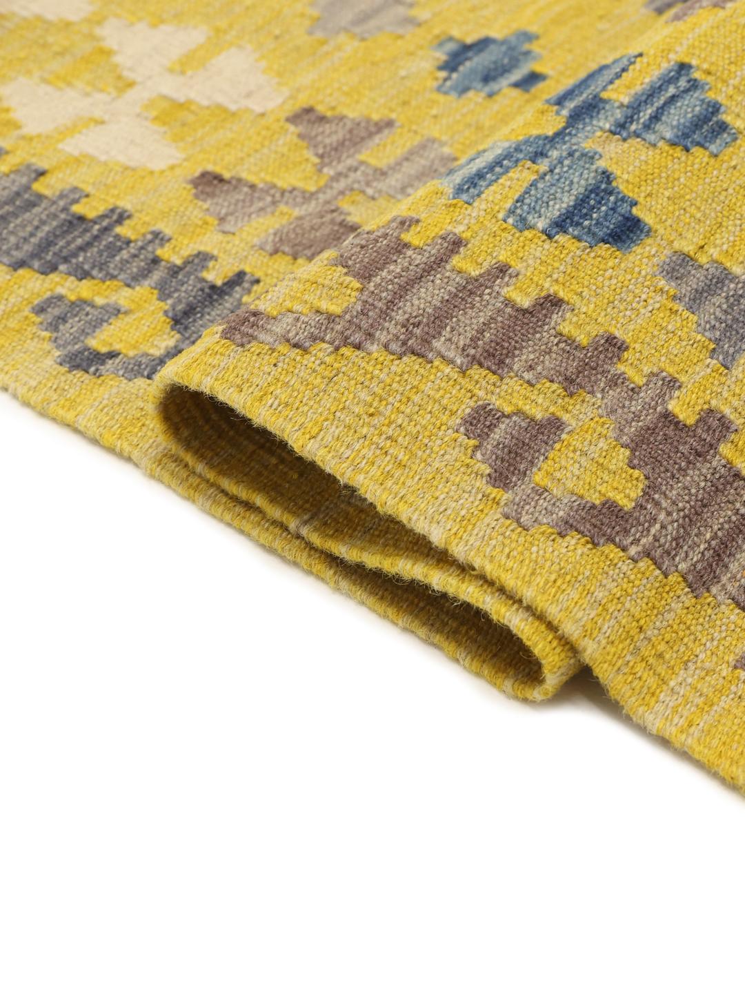 Hand-woven Afghan Kelim rug with vibrant yellow and grey geometric patterns