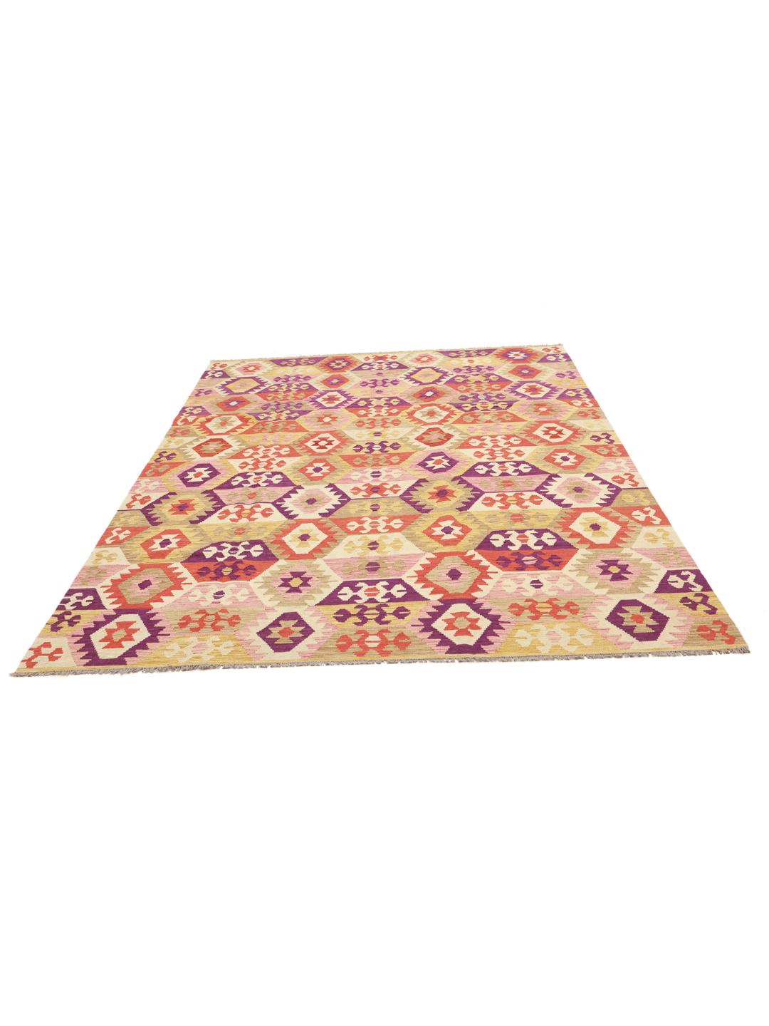 Handgeweven Afghaans Kelim-tapijt met een levendig geometrisch patroon in multicolor