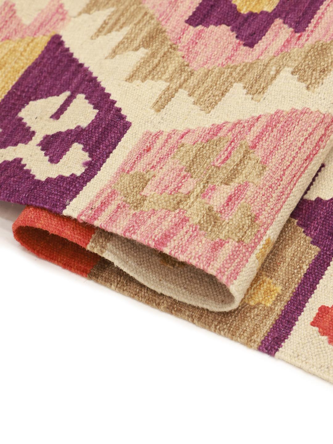 Handgeweven Afghaans Kelim-tapijt met een levendig geometrisch patroon in multicolor