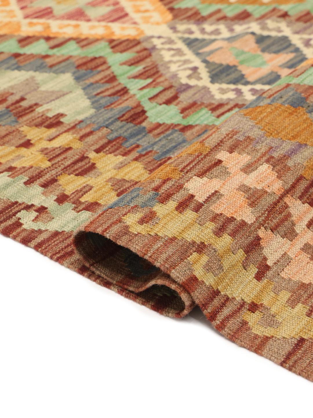 Hand-woven Afghan Kelim rug featuring a vibrant multi-coloured diamond pattern on a dark-red background.