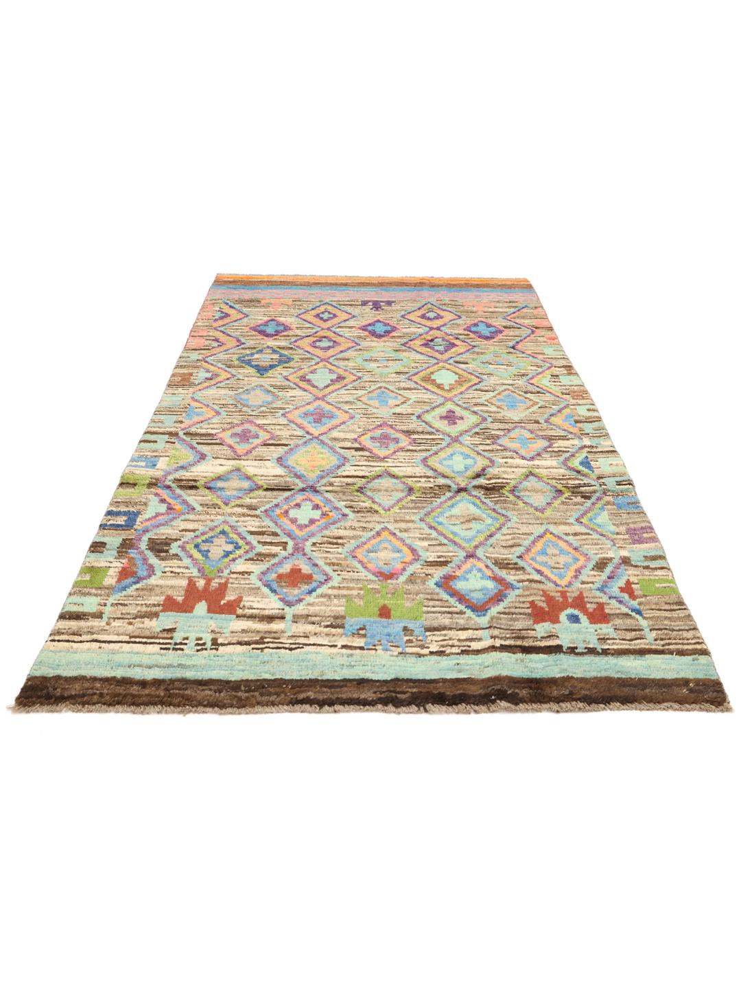 Handgeknoopt Afghaans tapijt met een levendig veelkleurig geometrisch patroon