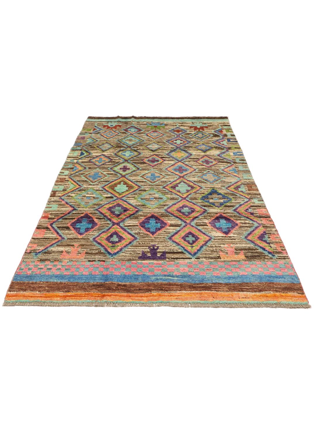 Handgeknoopt Afghaans tapijt met een levendig veelkleurig geometrisch patroon