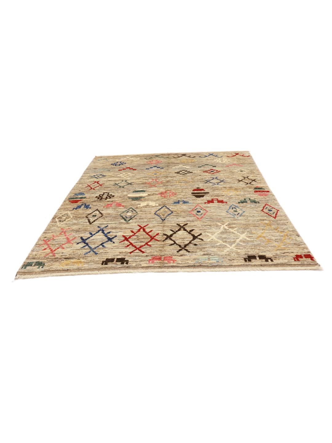 Hand-knotted Afghan rug with a beige field and colourful geometric motifs