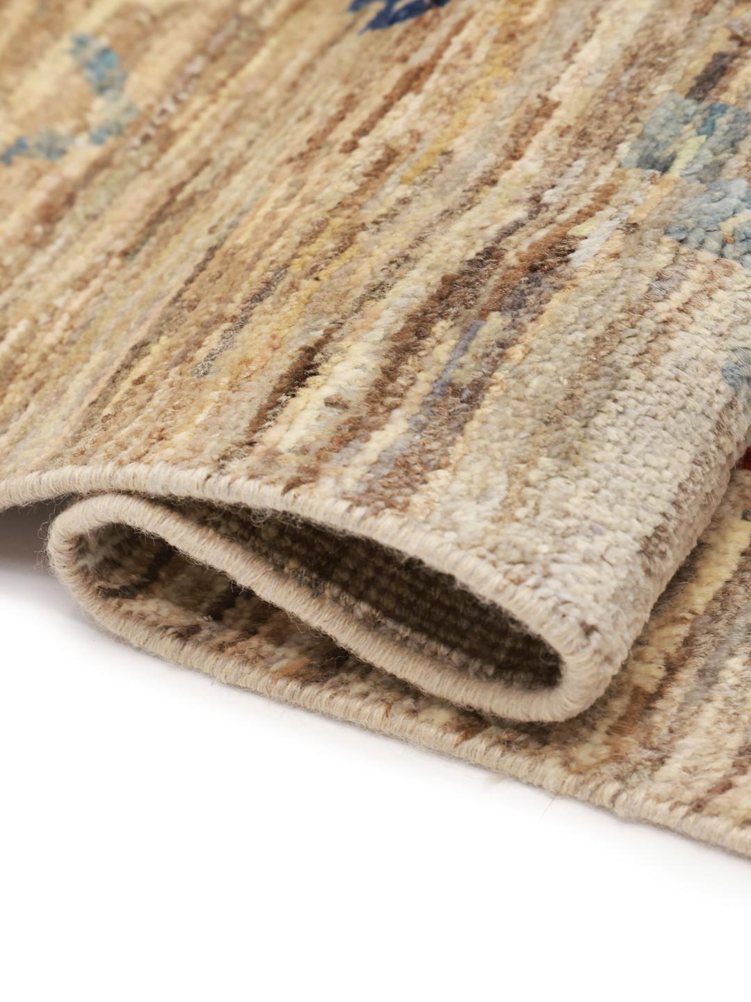 Hand-knotted Afghan rug with a beige field and colourful geometric motifs
