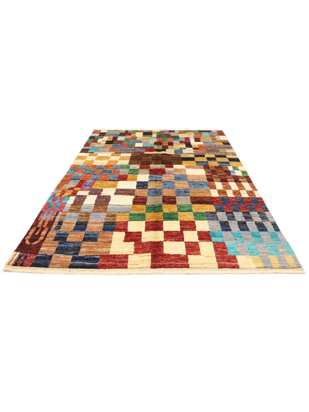 Handgeknoopt Afghaans Berber-tapijt met een kleurrijk geometrisch blokpatroon