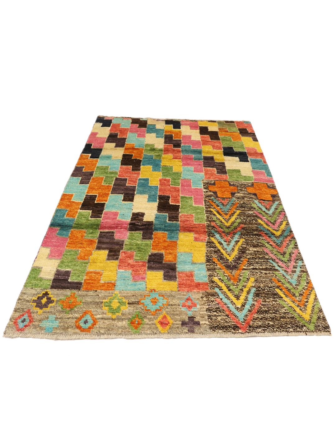 Hand-knotted Afghan rug with a multicolor geometric pattern