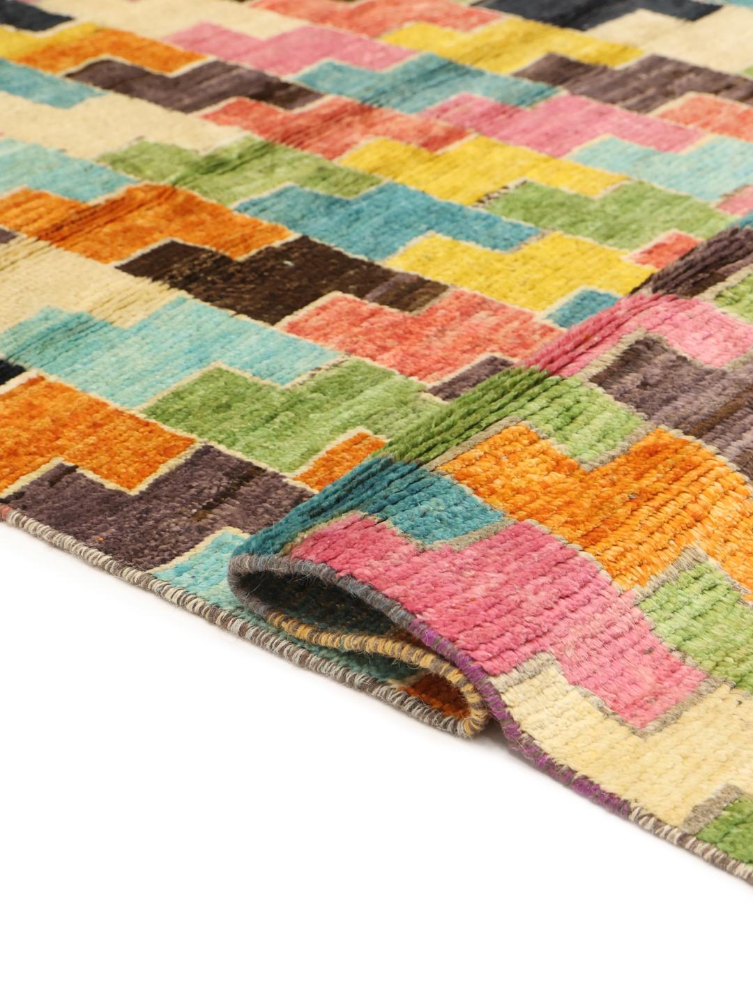 Hand-knotted Afghan rug with a multicolor geometric pattern