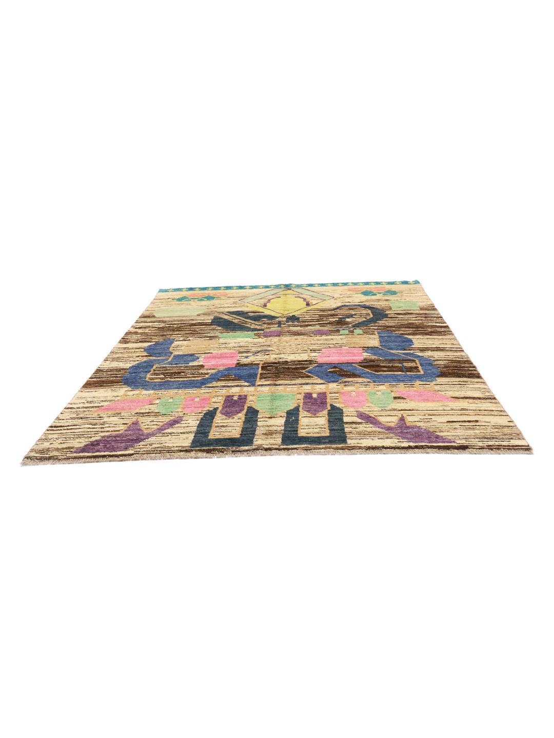 Hand-knotted Afghan rug with colourful artistic motifs on a brown background