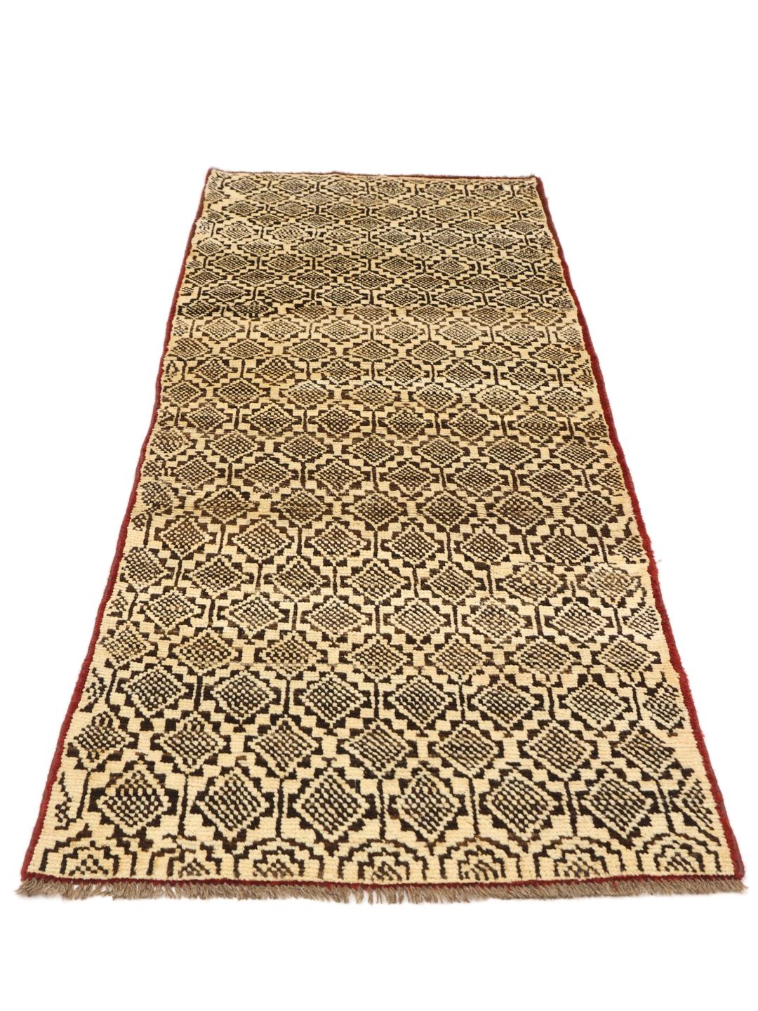 Hand-knotted Afghan runner with a geometric pattern in beige and black
