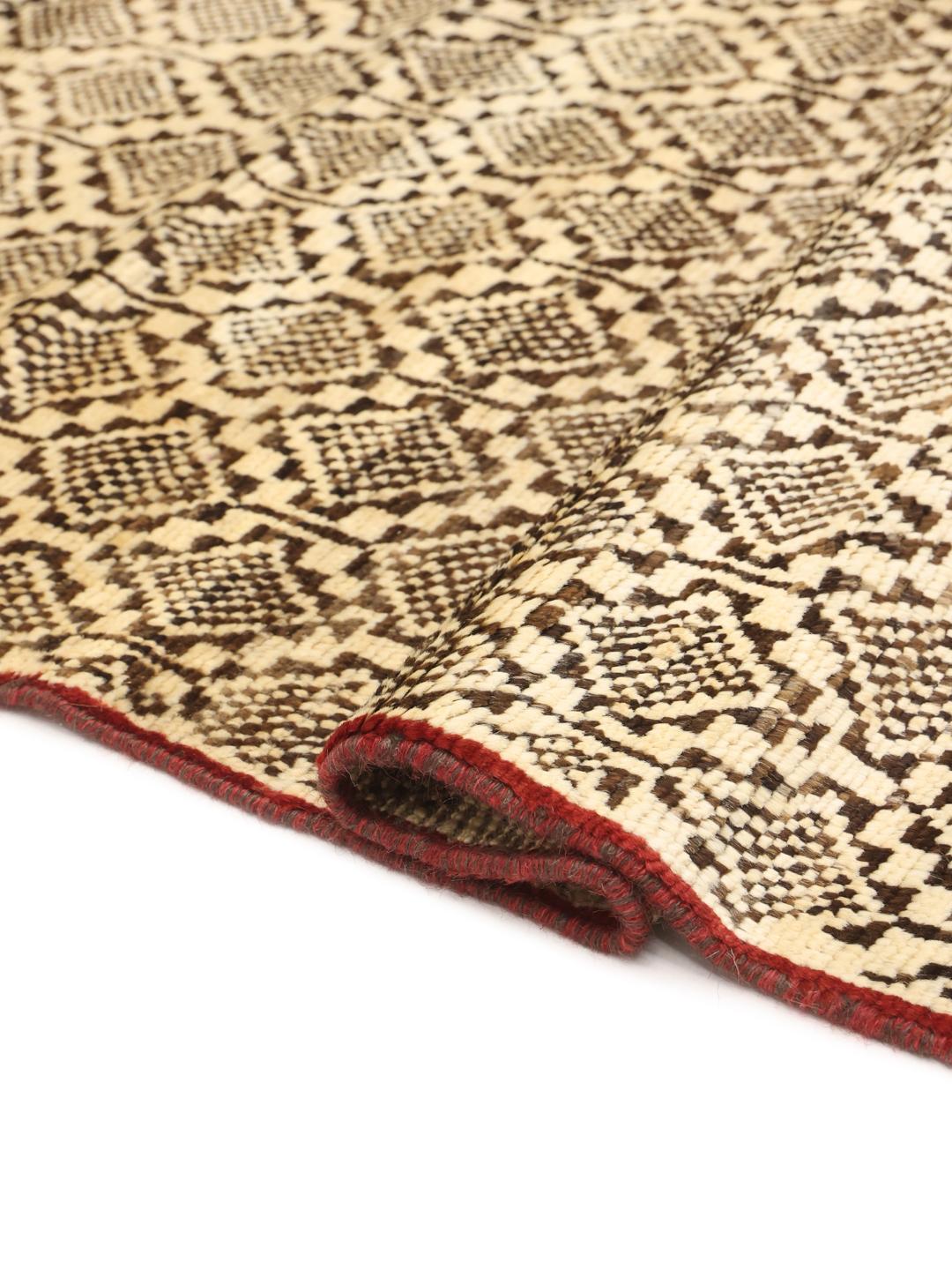 Hand-knotted Afghan runner with a geometric pattern in beige and black