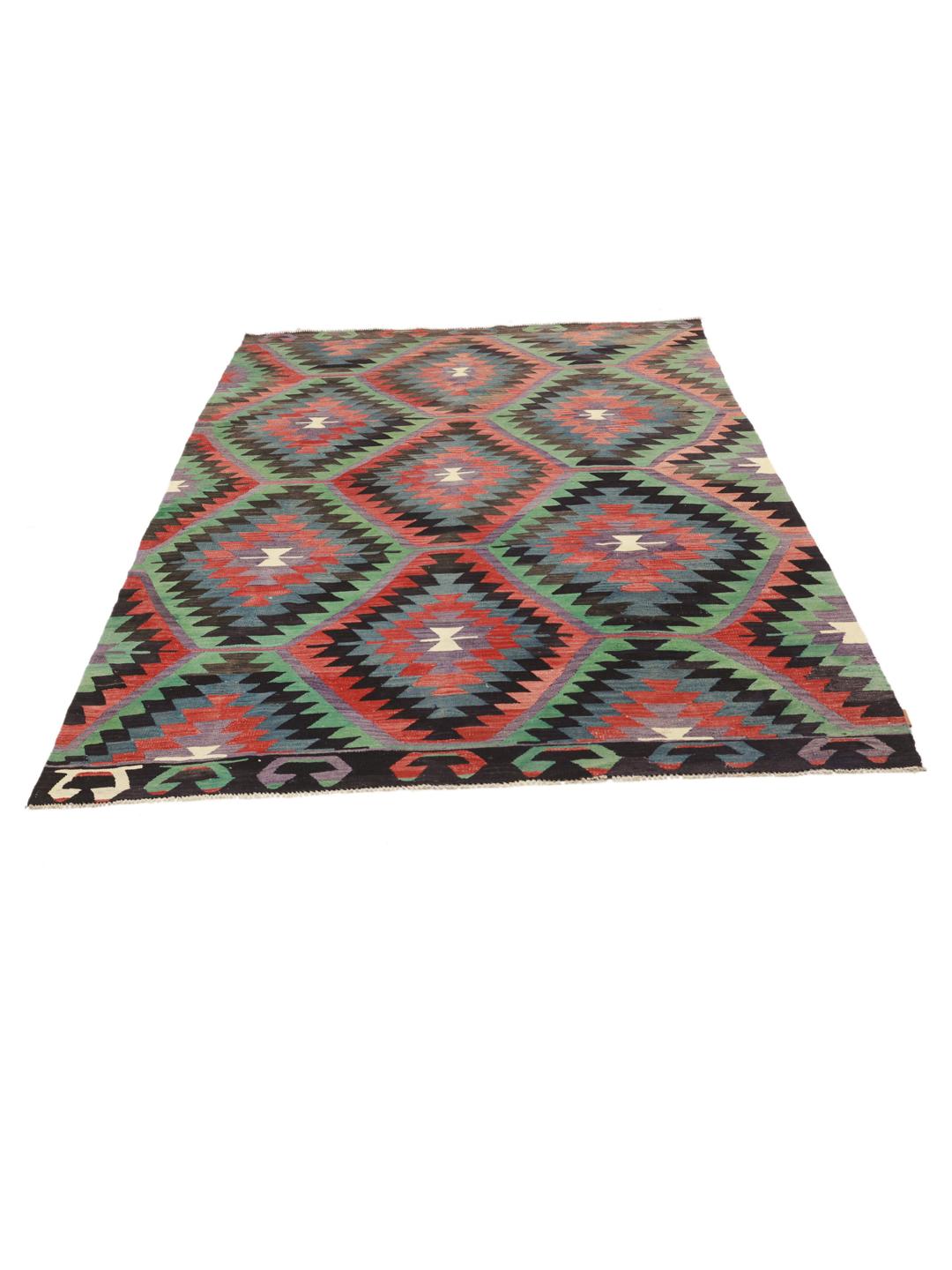 Handgeweven Turks kelimkleed met levendige geometrische ruitpatronen in multicolor