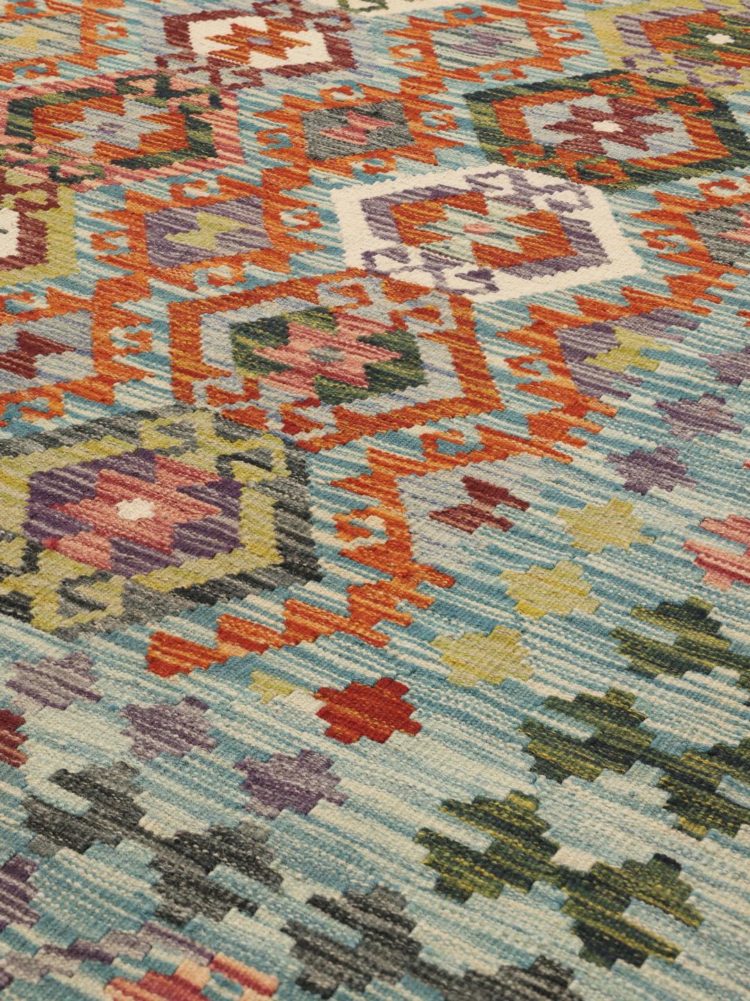 Hand-woven Afghan Kelim with geometric patterns in multicolour wool