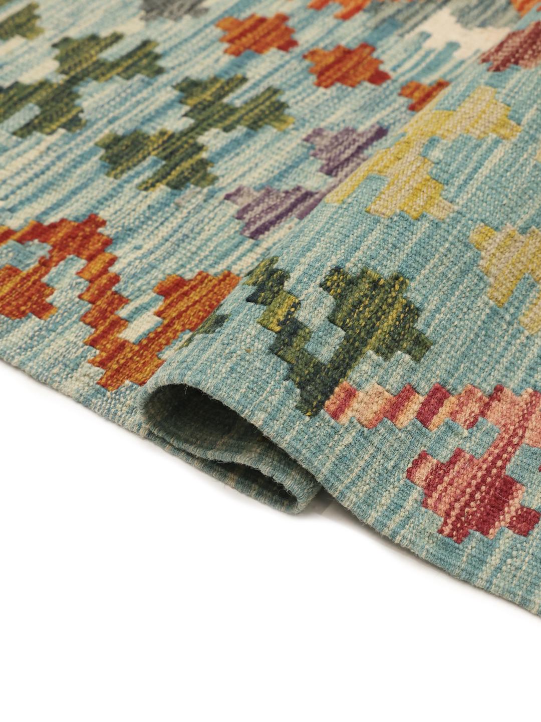 Hand-woven Afghan Kelim with geometric patterns in multicolour wool