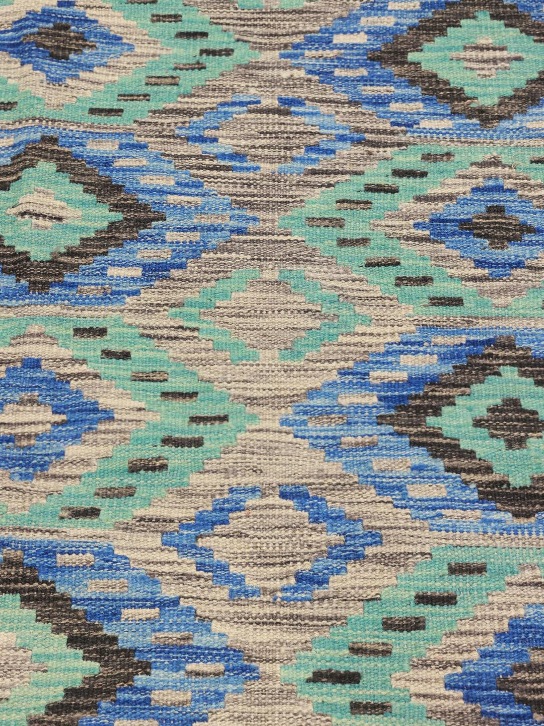 Handgeweven blauw en teal Afghaanse Kelim met geometrische ruitpatronen