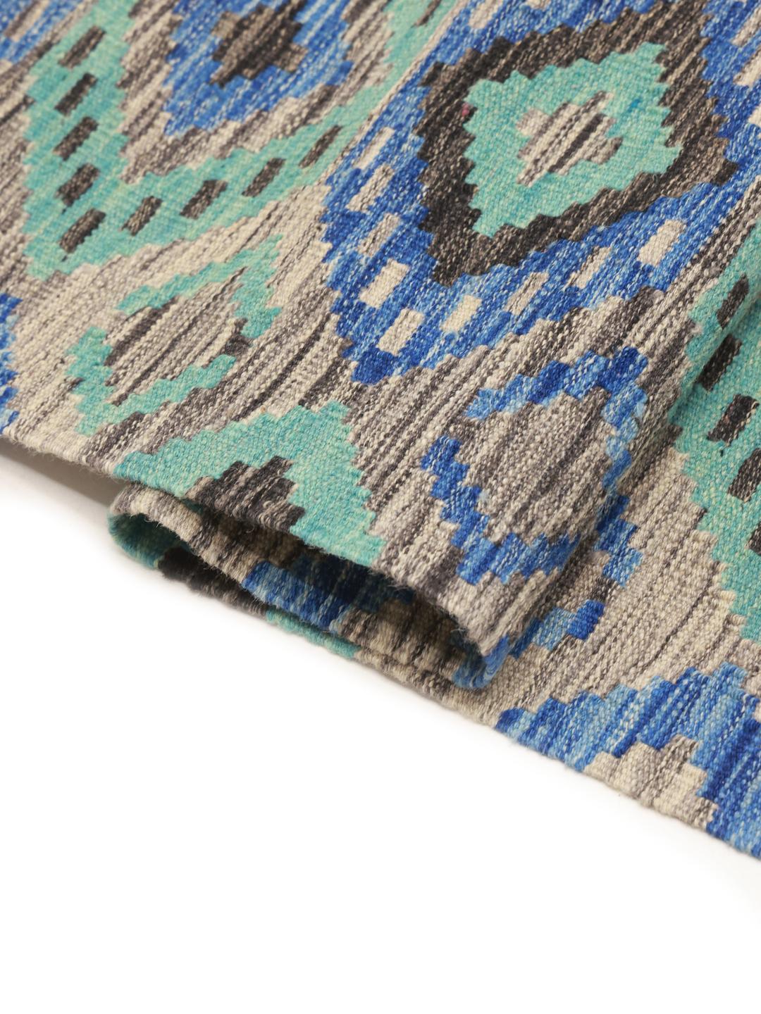 Handgeweven blauw en teal Afghaanse Kelim met geometrische ruitpatronen