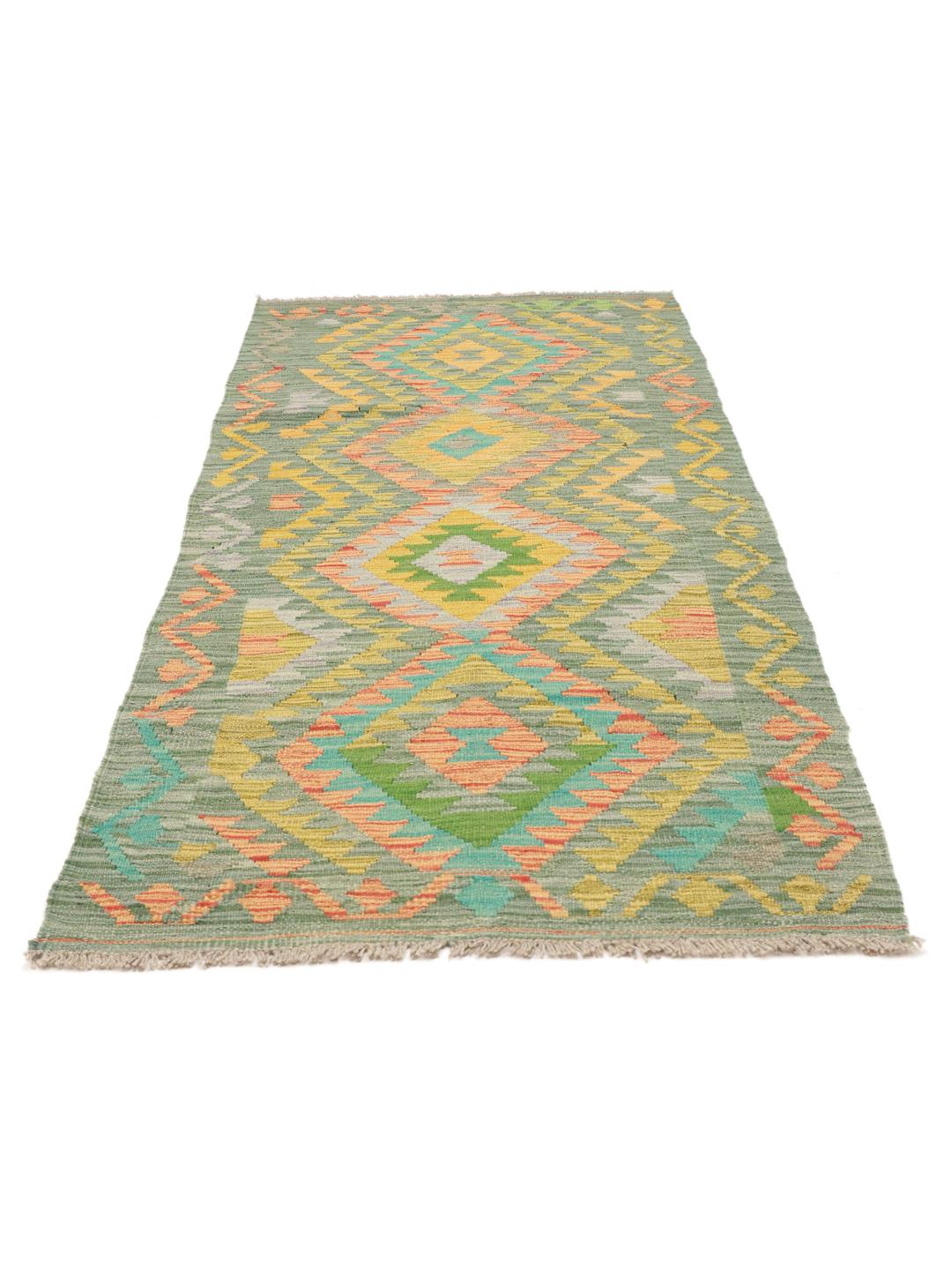 Runner afghano tessuto a mano con vivaci motivi geometrici in verde, arancione e giallo