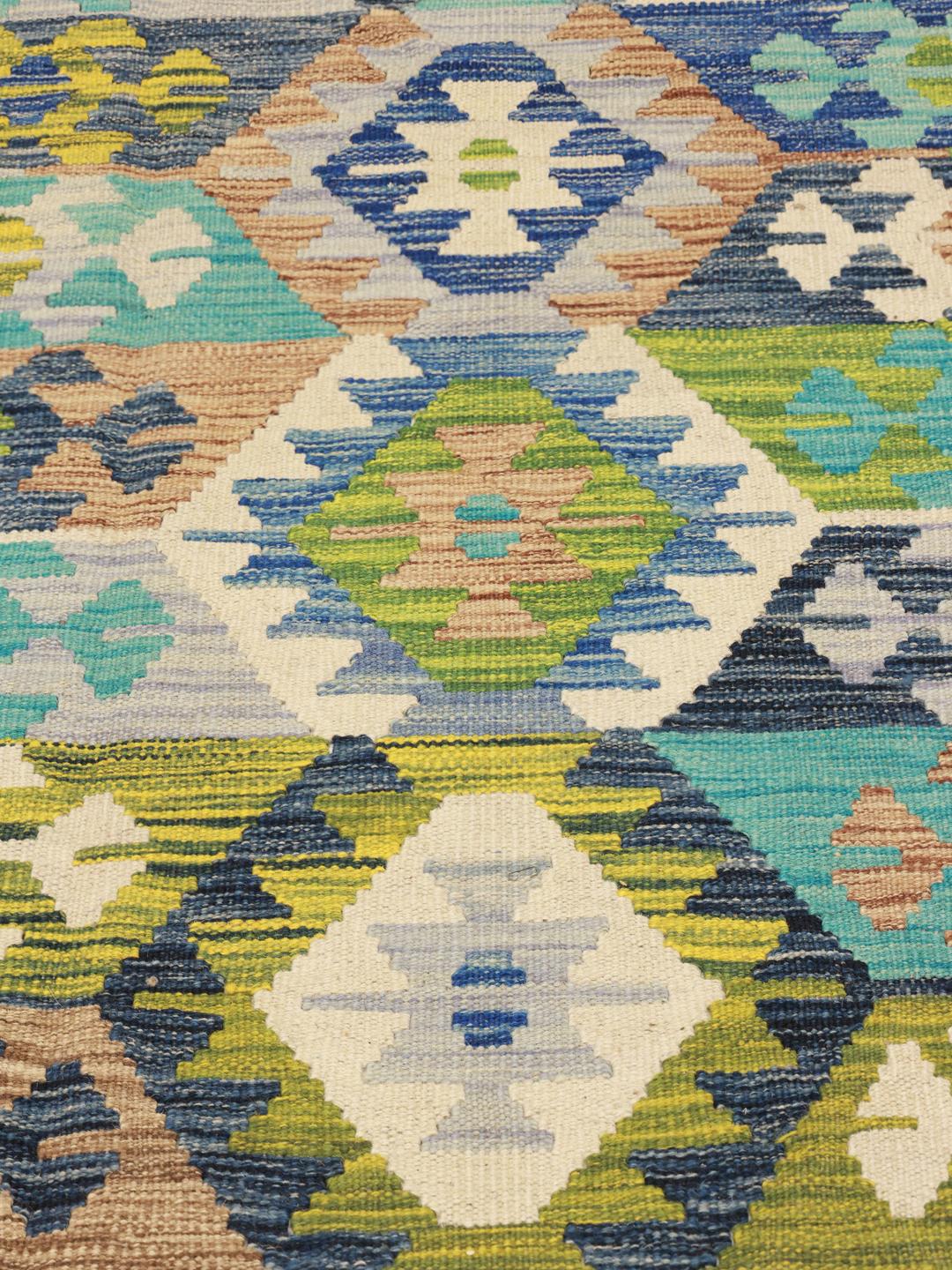 Handgeweven Afghaans Kelim tapijt met een geometrisch patroon in blauw en groen
