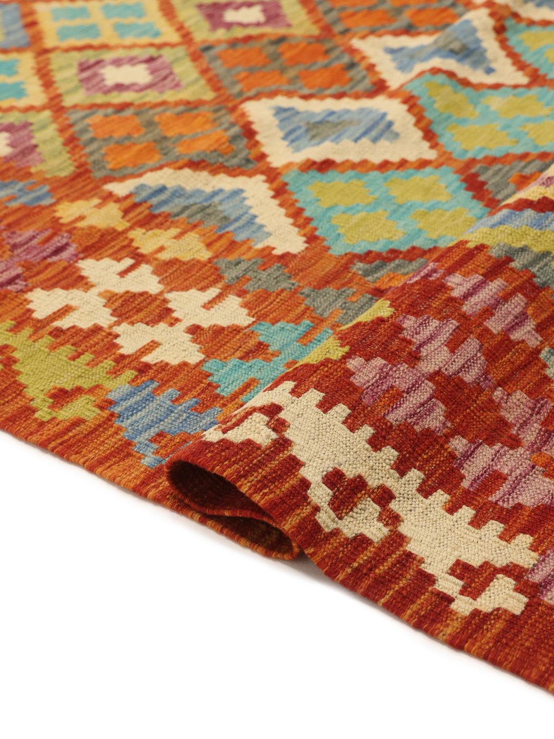 Handgeweven Afghan Kelim tapijt met levendige multicolor geometrische diamantpatronen