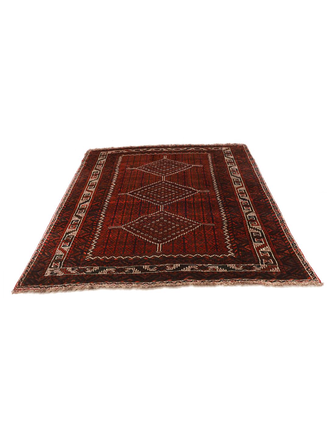 Hand-knotted Shiraz rug from the Middle East featuring a dark-red field with geometric medallions