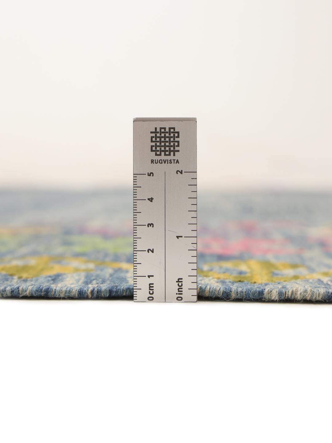 Handgeweven Afghaans Kelim-tapijt met blauw veld en kleurrijke geometrische rand