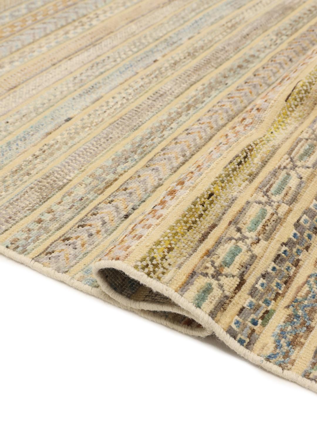 Håndknyttet afghansk Gabbeh Modern-tæppe med et beige og flerfarvet stribet mønster