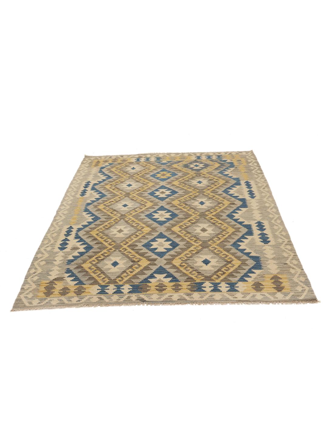 Handgeweven Afghan Kelim tapijt in multicolor met geometrische diamantpatronen