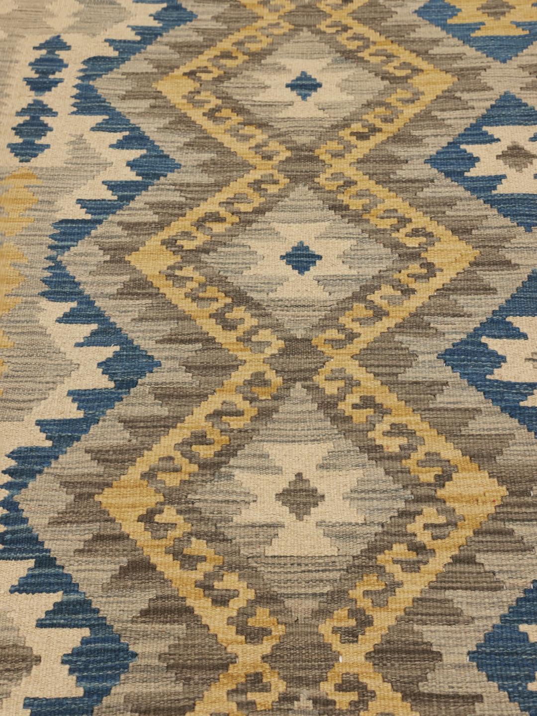 Handgeweven Afghan Kelim tapijt in multicolor met geometrische diamantpatronen