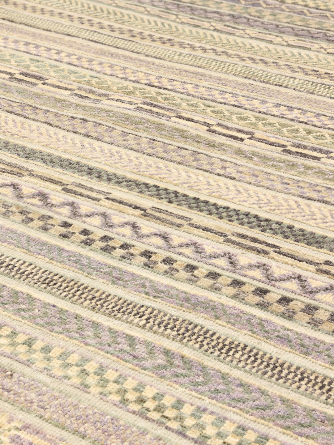 Håndknyttet afghansk Gabbeh Modern-tæppe i grå nuancer med geometriske bånd