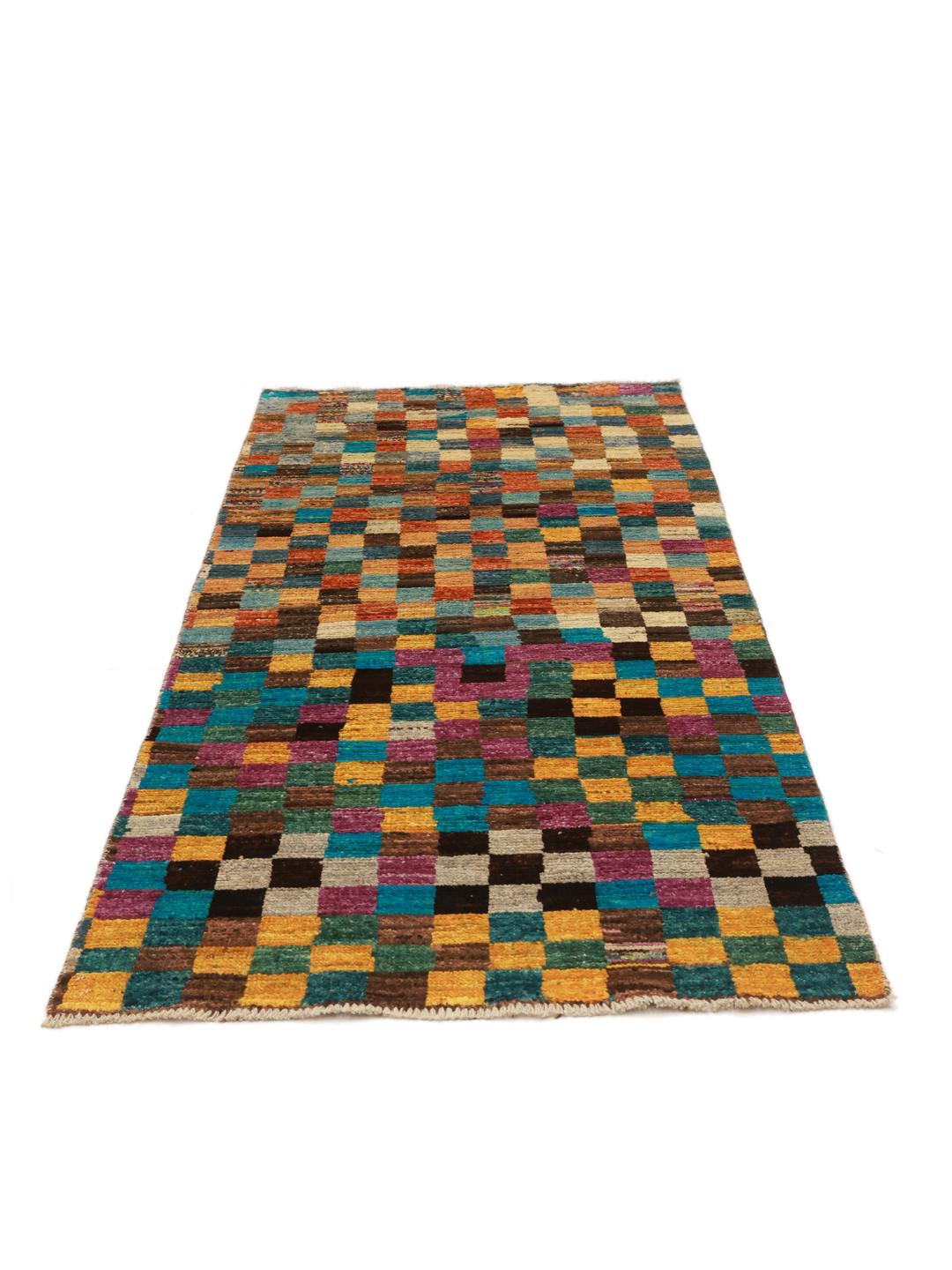 Hand-knotted Middle Eastern runner with a vibrant, multicoloured checkered pattern.