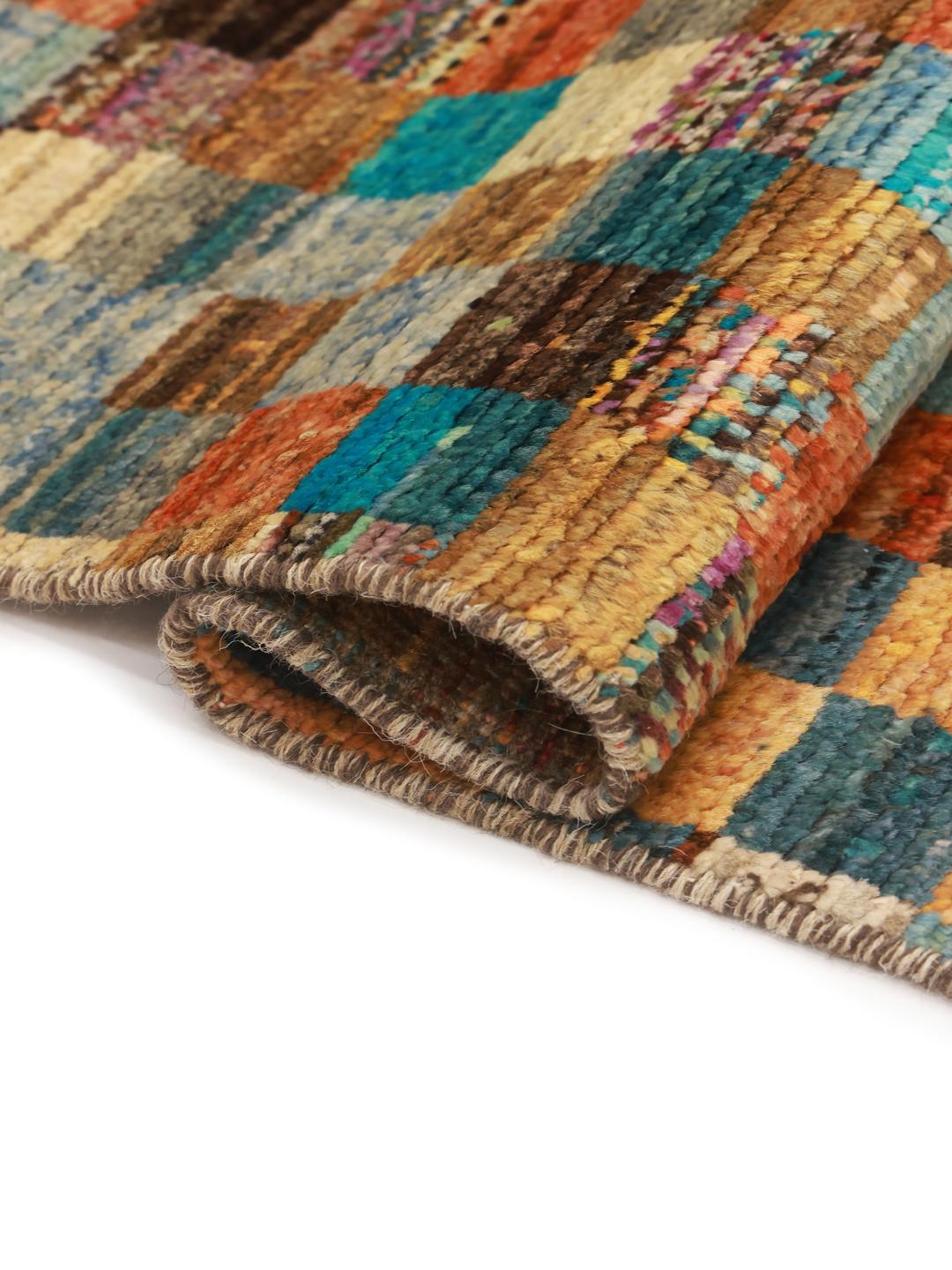 Hand-knotted Middle Eastern runner with a vibrant, multicoloured checkered pattern.