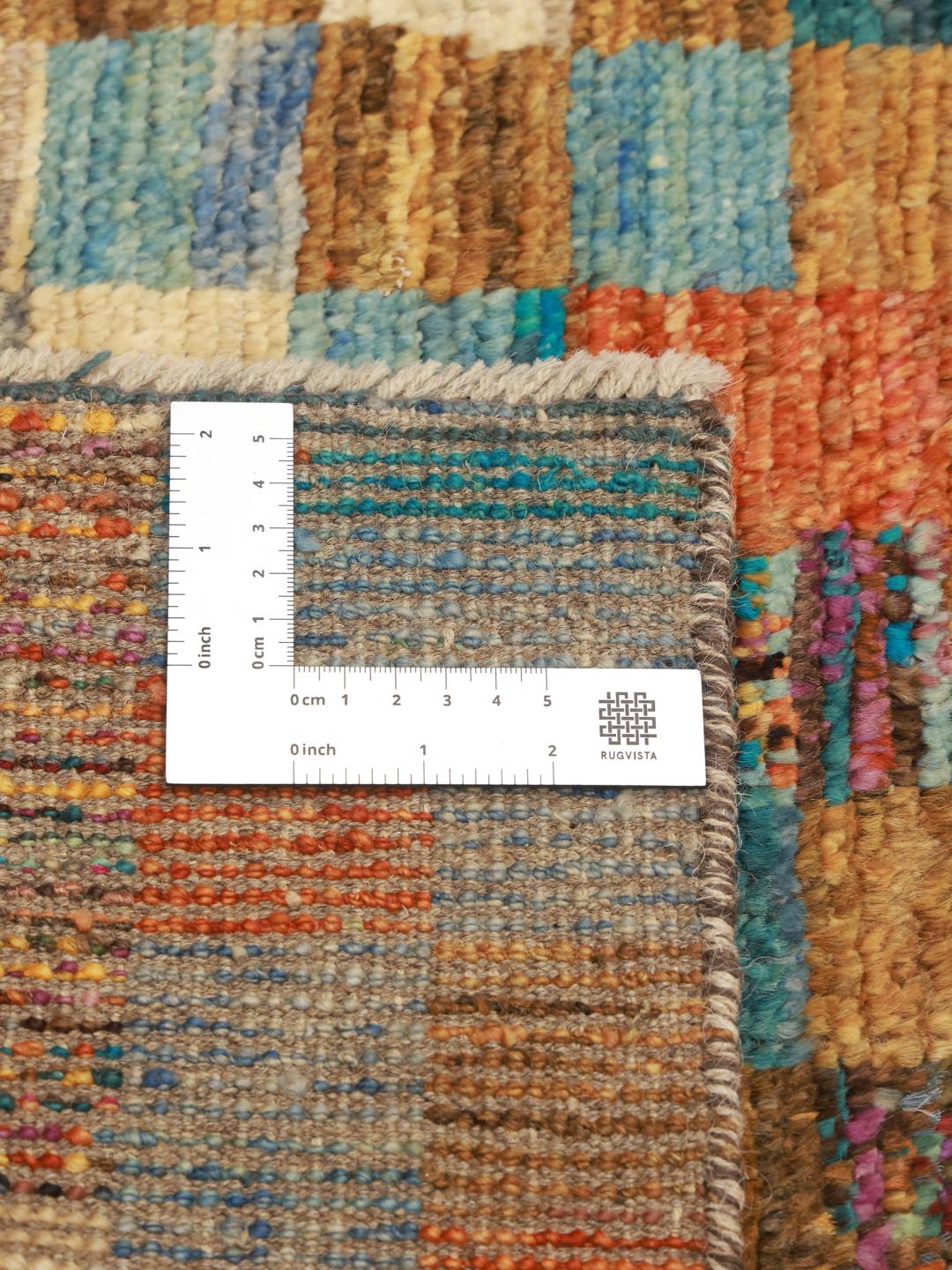 Hand-knotted Middle Eastern runner with a vibrant, multicoloured checkered pattern.