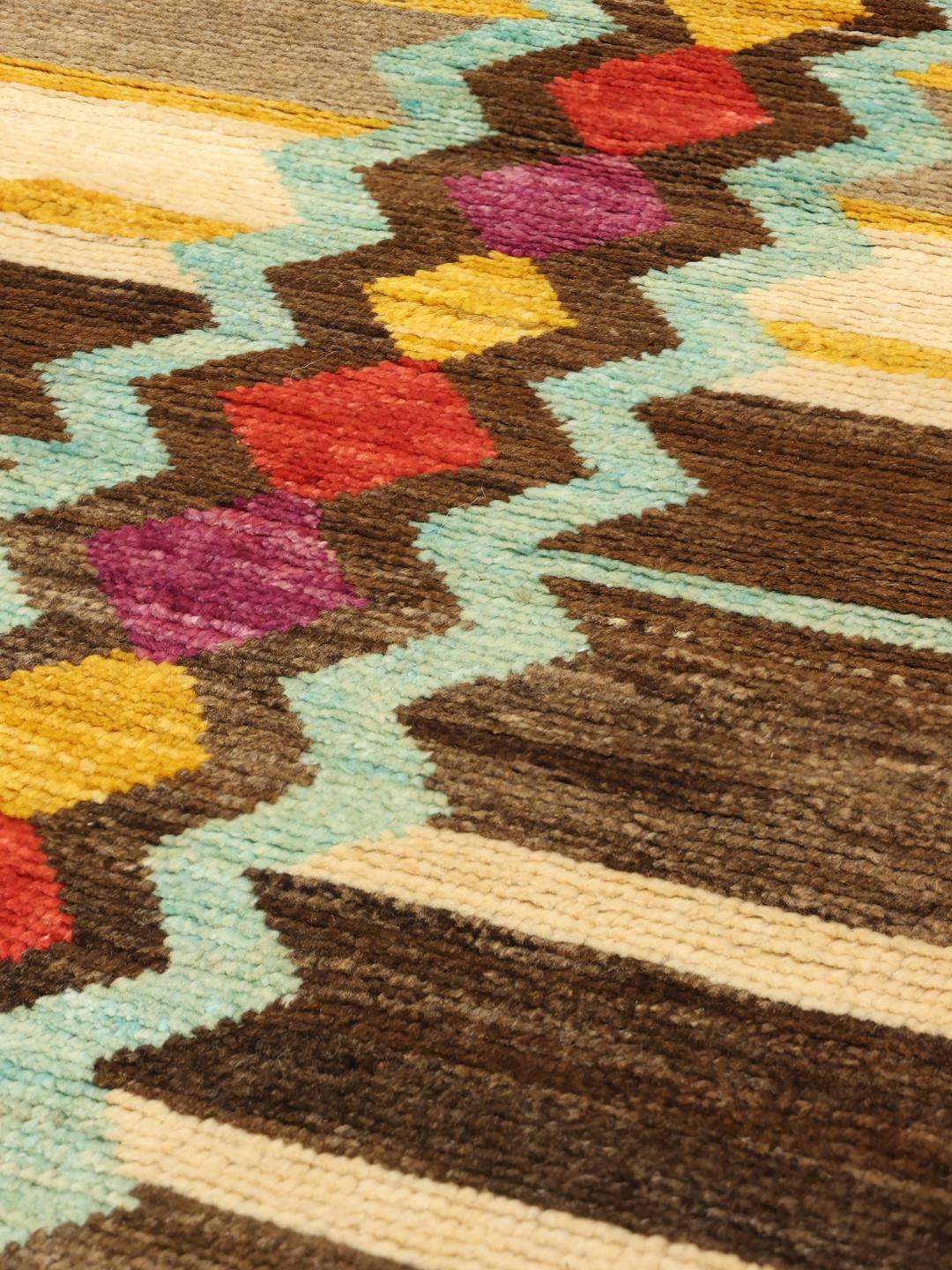 Hand-knotted Berber rug from Afghanistan with colourful geometric patterns in a multicolour Wool pile