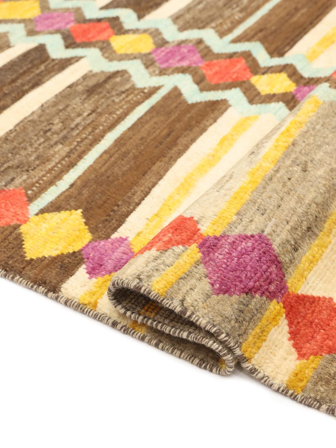 Hand-knotted Berber rug from Afghanistan with colourful geometric patterns in a multicolour Wool pile
