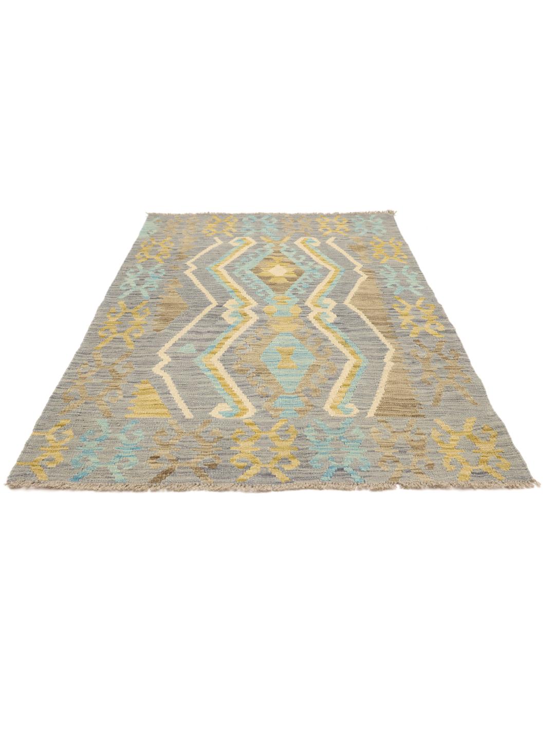 Hand-woven Afghan Kelim rug featuring geometric motifs in shades of blue and brown