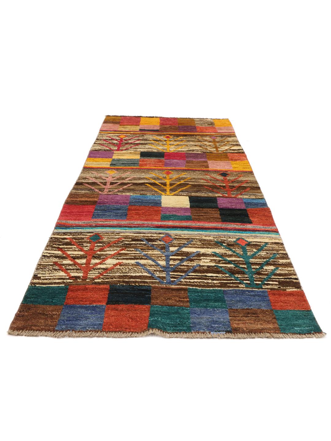 Hand-knotted Afghan runner with a vibrant multicolor geometric and tree-inspired pattern