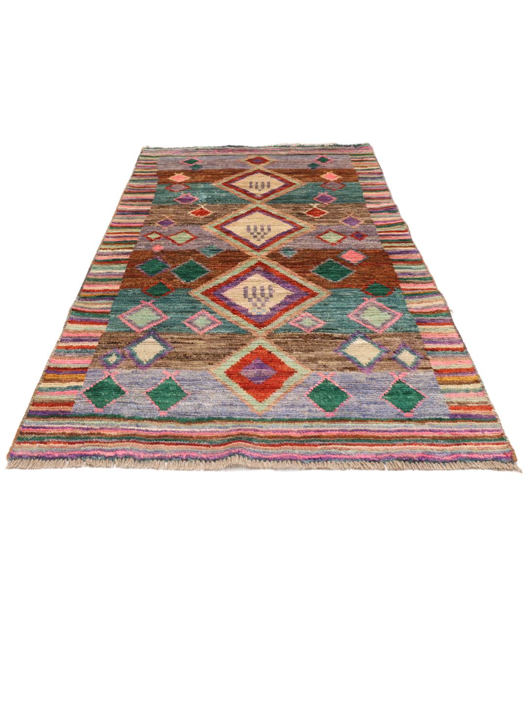 Handgeknoopt Afghaans tapijt met levendige geometrische patronen in multicolor Wol.