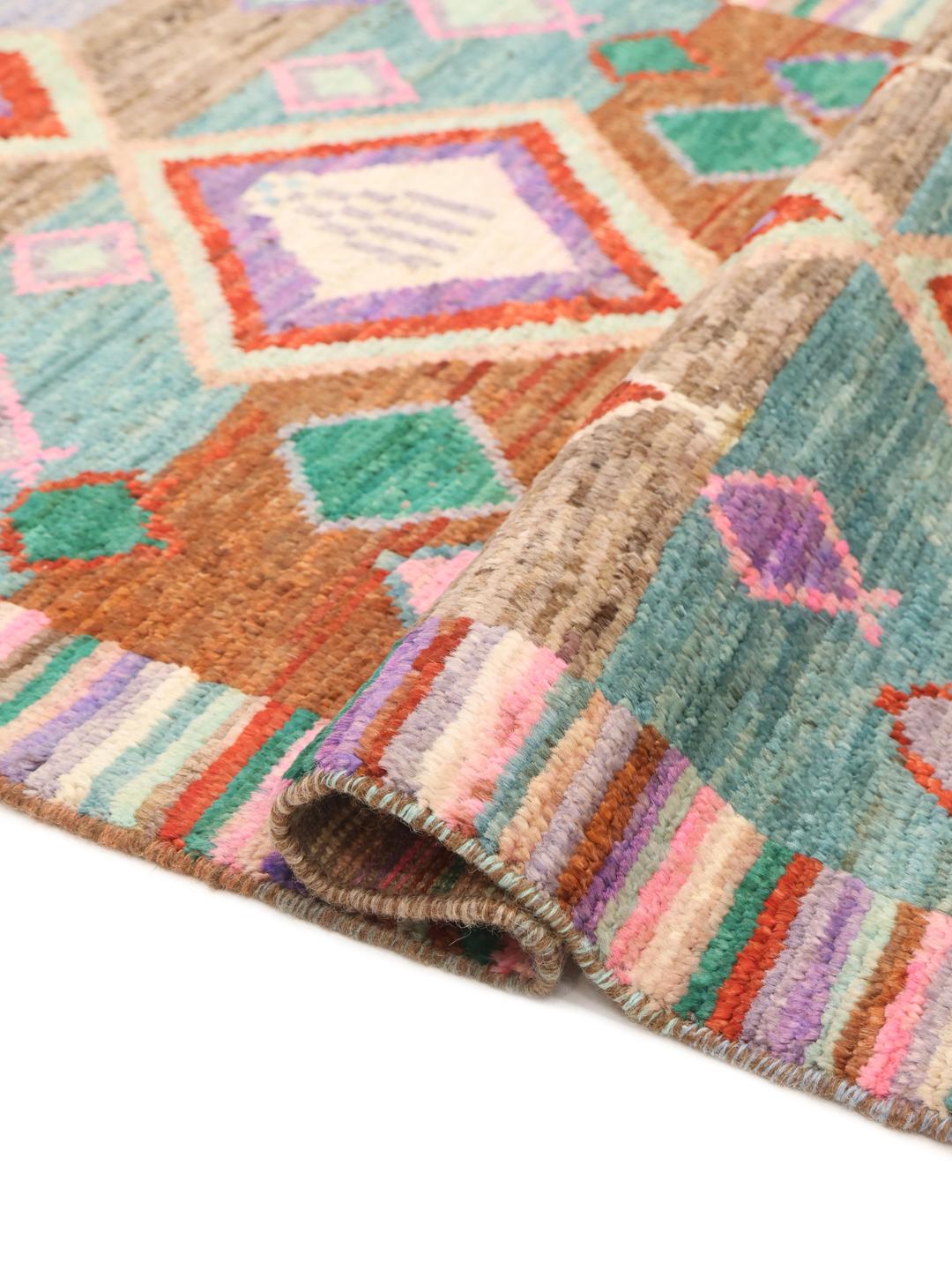 Handgeknoopt Afghaans tapijt met levendige geometrische patronen in multicolor Wol.