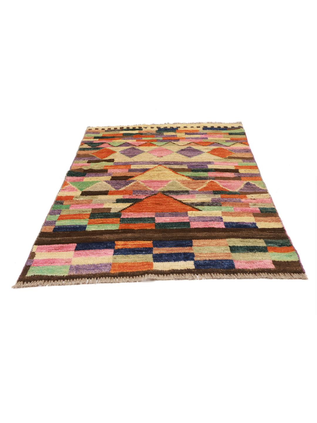 Hand-knotted Middle Eastern rug with a vibrant geometric pattern in multicolor Wool