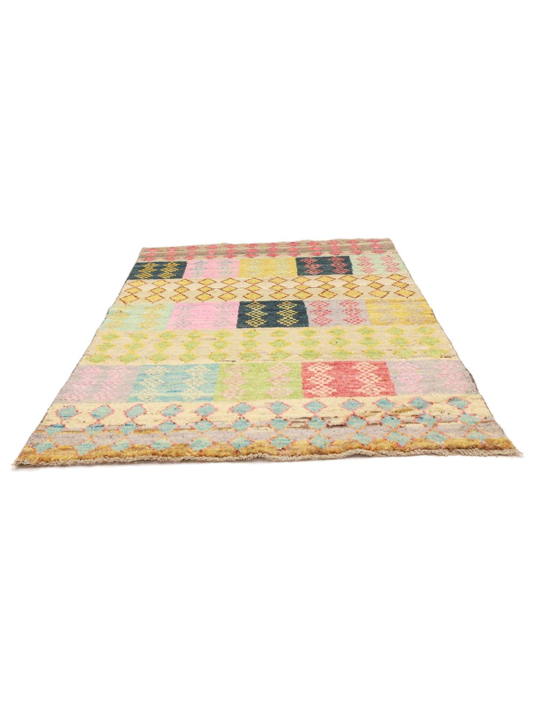Hand-knotted Afghan rug with a colourful geometric patchwork design in multicolour Wool.