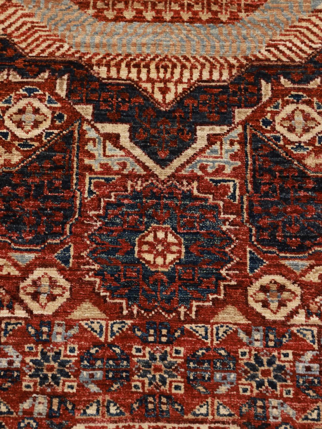 Handgeknoopt Mamluk-tapijt uit Afghanistan in rode en blauwe tinten