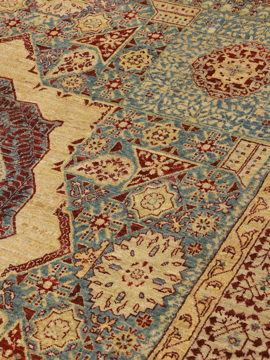 Handgeknoopt Mamluk-tapijt uit Afghanistan in lichtblauwe en rode tinten
